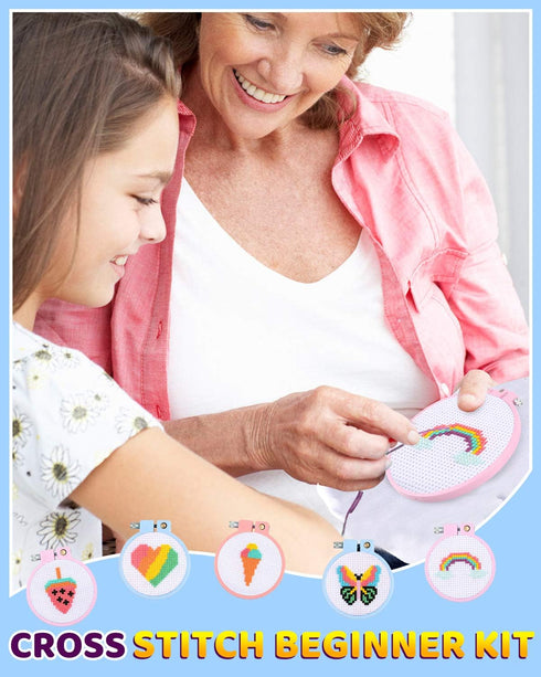 Pllieay 6 Pcs Cross Stitch Kits for Beginners for Kids 7-13, Kids Embroidery Kit Needlepoint Kit Arts and Crafts Kit with Instructions for Backpac...