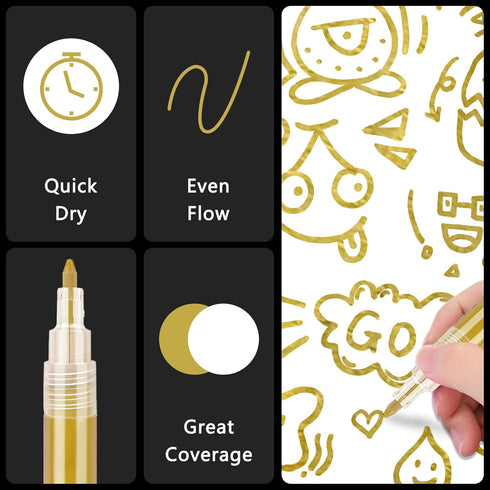 Acrylic Gold Paint Pens - 8 Pack 2-3MM Medium Tip & 0.7MM Extra Fine Gold Paint Marker for Rock Painting, Wood, Metal, Fabric, Plastic, Canvas, Gl...