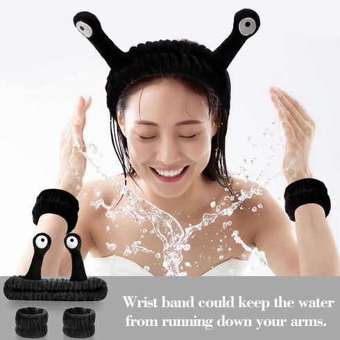 3pcs Snail Face Wash Headband and Wristband Set Black Funny Makeup Headband Puffy Skincare Spa Head Bands Cute Wrist Towels Hair Band for Washing ...