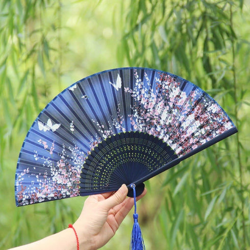 OMyTea® Women Hand Held Silk Folding Fan with Bamboo Frame - with a Fabric Sleeve for Protection for Gifts - Sakura Cherry Blossom Pattern (WZS-1)...