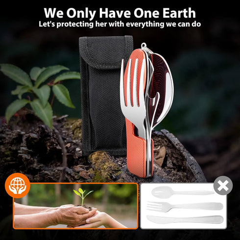 Camping Eating Utensils HIKENTURE 4-In-1 Stainless Steel Spoon Fork Knife Bottle Opener Set,Foldable Backpacking Cutlery for Traveling, Hiking, Bo...