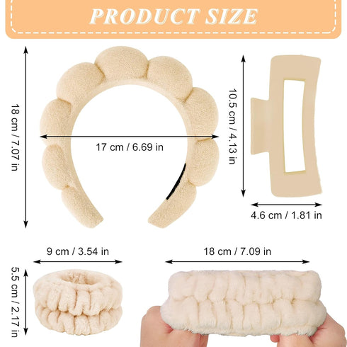 Wecoe White Khaki Spa Headband And Wristband Set Skincare Headband For Washing Face Hair Claw Clips For Thick Hair Cute Puffy Sponge Bubble Makeup...