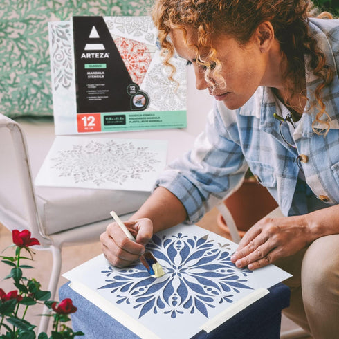 Arteza Mandala Stencils for Painting, 12 Unique Designs, 11.8 x 11.8 Inches, Thick Plastic, Art Supplies for Parties, Family Activities...
