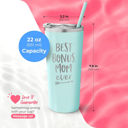 SassyCups Best Bonus Mom Ever Tumbler | 22 Ounce Engraved Mint Stainless Steel Insulated Tumbler with Lid and Straw | Like a Mom | Stepmom Present...