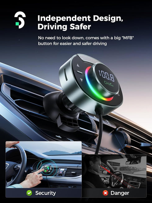 Bluetooth FM Transmitter Car - SOOMFON Bluetooth 5.3 Car Adapter with Big Mic Bass Stereo Hi-Fi Sound, PD30W QC18W FM Bluetooth Transmitter Car Ch...