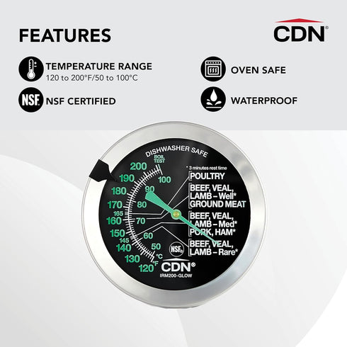 CDN Ovenproof Meat Thermometer – Glow Dial | ProAccurate® | Waterproof | 2" Dial | For Roasting, Poultry, Beef | Recalibratable | Easy-Read | IRM2...
