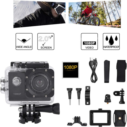 Action Camera 1080P 12MP Sports Camera Wide Angle Lens Full HD 2.0 Inch TFT LCD HD Screen Action Cam with 30m/98ft Underwater Waterproof for Outdo...