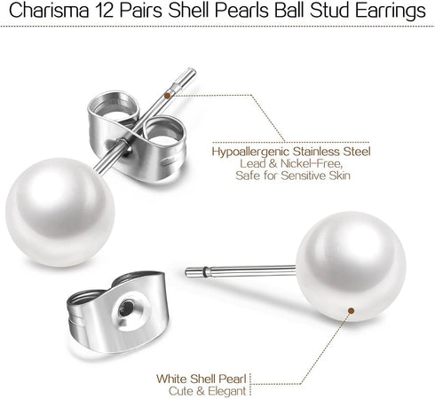 Charisma 8mm Composite Pearl Earrings Round Ball Pearls Stud Earrings Hypoallergenic 12 Pairs Imitation Pearl Earrings Set for Women...