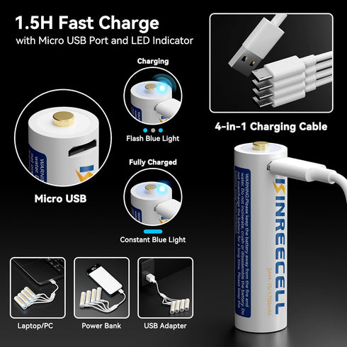 Rechargeable AA Li-Ion Battery, 2600mWh 1.5V Constant Output AA Battery with 4 and 1 USB Cables, 1.5 Hour Fast Charge, 1500 Charge Cycles for Smar...
