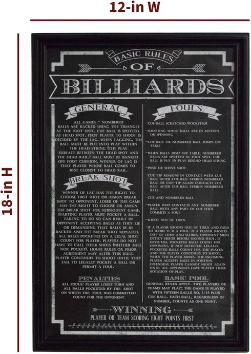 Hathaway Billiard Game Rules Wall Art – Framed Chalkboard-Style with Official Pool Table Rules, Matte Black Wood Frame, Acrylic Front & Preinstall...