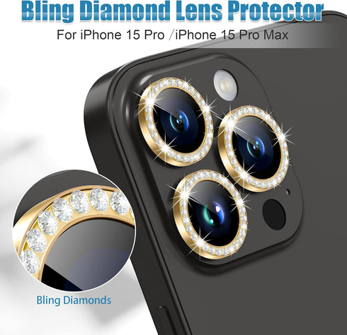 AGVEE 3+3 Camera Lens Protector for iPhone 15 Pro 6.1" / 15 Pro Max 6.7", Bling Diamond & Bling Glitter Metal Ring 9H Tempered HD Glass Camera Pro...