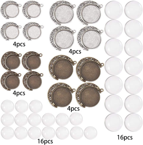 SUNNYCLUE 48pcs 2 Size Moon Rotation Double Side Pendant Tray Kit 16pcs Round Blank Bezel Pendant Trays Base Cabochon Settings with 32pcs Clear Gl...