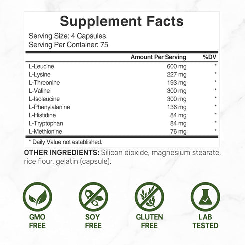 Essential Amino Acids (EAA) 2000mg Per Serving, 300 Capsules – Unflavored - 9 in 1, All BCAAs (Branched-Chain Aminos) – Lean Muscle Support & Natu...
