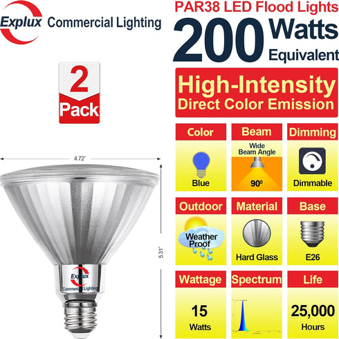Explux High-Intensity 200W Equivalent LED PAR38 Flood Blue Light Bulbs, Full Glass Weatherproof & Anti-Ageing, Dimmable, Blue Color Spotlight, 2-P...