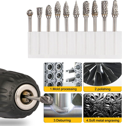 Carbide Burr Set Die Grinder Bits Rotary Tool Bits 1/8" Shank 10 PC Double Cut Wood Carving Accessories Cutting Burrs Metal Grinding Engraving Pol...