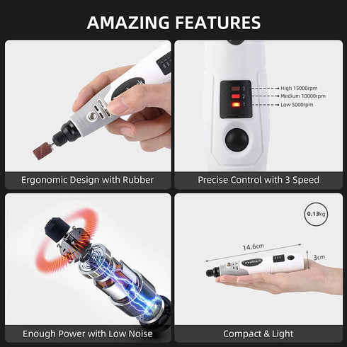 Towallmark Rotary Tool Kit, Cordless Rotary Tool 3.6V with 50 Accessories, USB Rechargeable 3 Speed Adjustable Rotary Tool Multi-Purpose for Sandi...