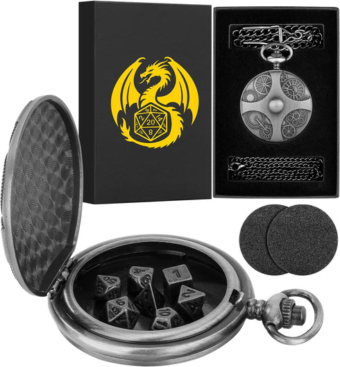 Mini DND Dice Set with Steampunk Gear Pocket Watch Shell Case, 7pcs Polyhedral Metal D&D Dice Set, DND Gifts with Gift Box, Role Playing Board Gam...