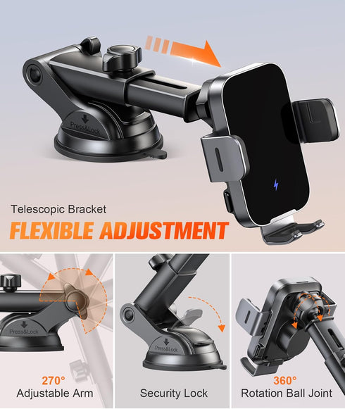 Wireless Car Charger Mount Auto Clamping, 15W Fast Charging Car Phone Holder Charger for Dash Windshield Vent Compatible with iPhone 15 14 13 12 P...