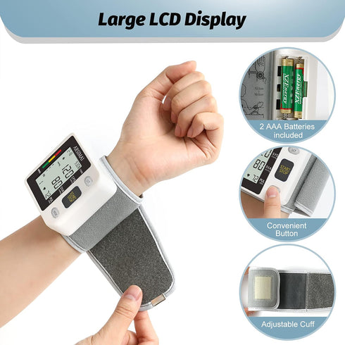 Wrist Accurate Automatic High Blood Pressure Monitors Portable LCD Screen Irregular Heartbeat Monitor with Storage Case and Adjustable Cuff Powere...
