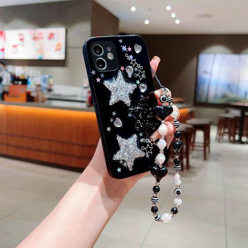 Compatible with iPhone 11 Case Cute 3D Bling Glitter White Black Stars with Pearl Bracelet Chain Design for Girls Women Kawaii Sparkle Protective ...