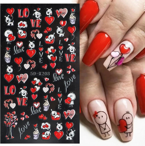 Valentine's Day Nail Art Stickers 5D Embossed Red Heart Nail Decals Red Love Mail Cute Cartoon Dog Bear Valentine Nail Designs Sticker Relief Nail...