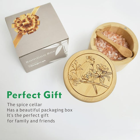 Salt Box Bamboo Salt Container with Lid and Spoon Bird Pattern Cellar with Magnetic Lock Swivel Lid Pepper Sugar Sea Salt Spice Seasoning Holder K...