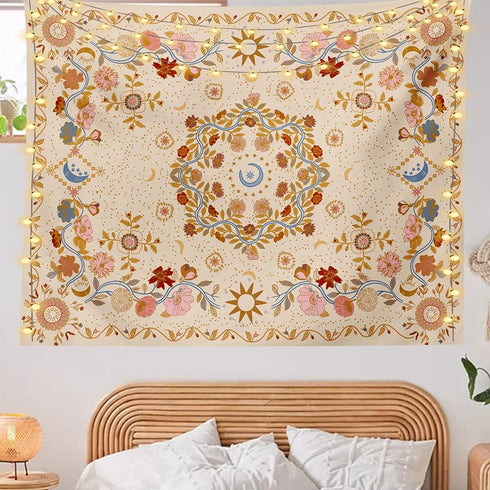 TTYQXZ Wall Tapestry Bohemian - Floral Vine Wall Hanging Celestial Sun Moon and Star Tapestries Hippie Home Decor Boho for Bedroom Aesthetic (Crea...