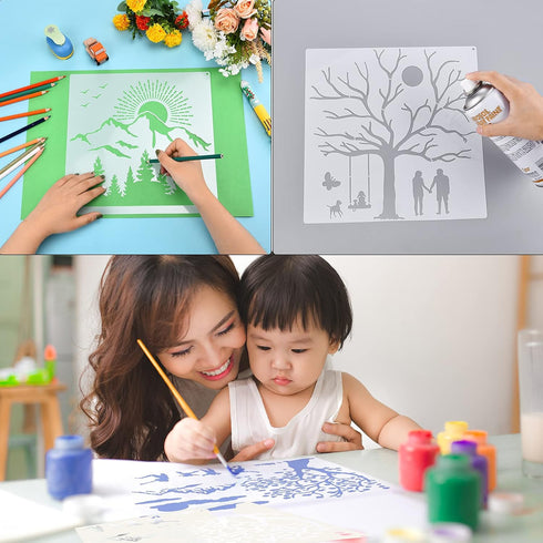 9 Pieces Forest Landscape Stencil Mountains Rivers Stencils with Metal Open Ring Reusable Human Nature Templates DIY Elephant Animal Drawing Templ...
