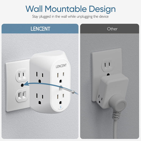 LENCENT 2 Prong Power Strip, 3 to 2 Prong Grounding Outlet Adapter, Polarized Plug, Surge Protector, 3-Sided 6 Outlets Widely Spaced Extender, Mou...