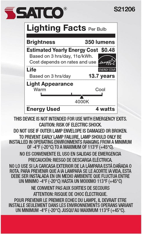 Satco 4-Watt LED E12 Light Bulb, 4000K, 15000 Hour Rating, Dimmable...