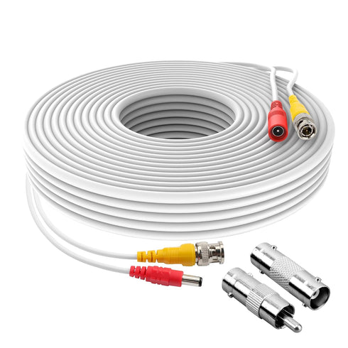 1 Pack 50ft White BNC Video Power Cable Security Camera Cable Wire Cord for CCTV DVR Surveillance System with Connectors (BNC Female and BNC to RC...