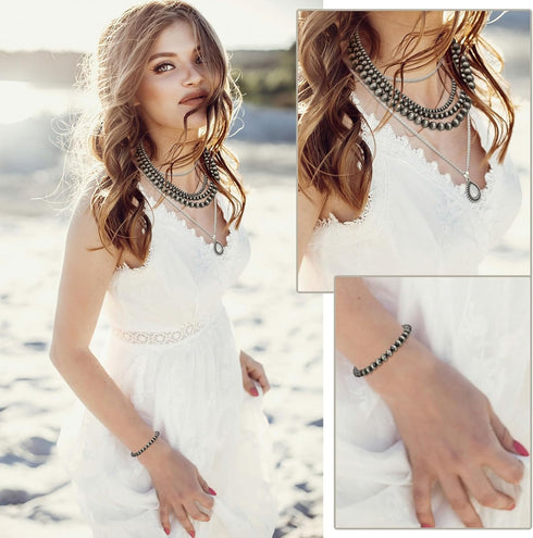 Kigeli 5 Pcs Navajo Pearl Jewelry Set Navajo Pearl Necklace Earring and Bracelets Vintage Multilayer Pearl Necklace Western Style Choker Silver Dr...
