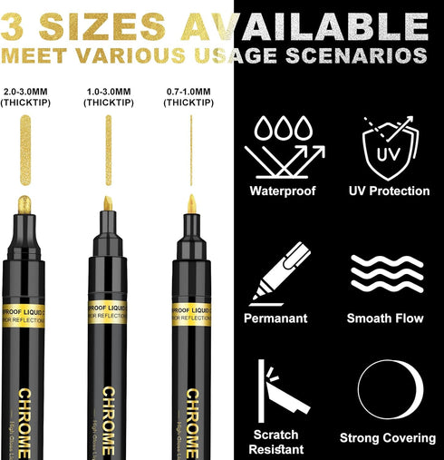 6Pcs Liquid Mirror Chrome Markers,Silver & Gold Oil-based Permanent Mirror Chrome Marker Pens,Waterproof Reflective Gloss Metallic Markers for Rep...
