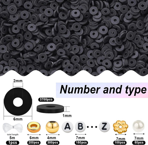4500pcs Black Clay Beads for Bracelet Making Kit Including 6mm Flat Polymer Clay Heishi Beads and Gold Bead Pearls Spacers Letter Beads for Jewelr...