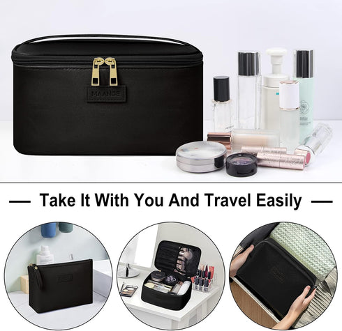 MAANGE Makeup Bag - Large Cosmetic Bag with 2pcs Small Makeup Bags Portable Leather Travel Makeup Bag Set Toiletry Bag Make Up Bags for Women and ...