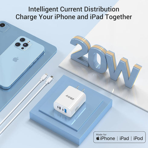 iPhone Fast Wall Charger 20W, ?MFi Certified? Elktry Dual-Port PD 3.0 USB C & QC 3.0 USB A Charger Block with 6FT Lightning Cable Compatible with ...