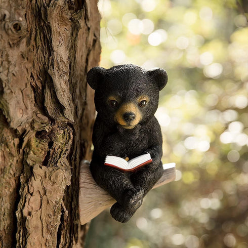 Sitting Bear Tree Hugger with Solar LED Light, Baby Bear Reading Book Garden Statue, Resin Animal Figurine Outdoor Decor, Yard Art Sculpture for L...