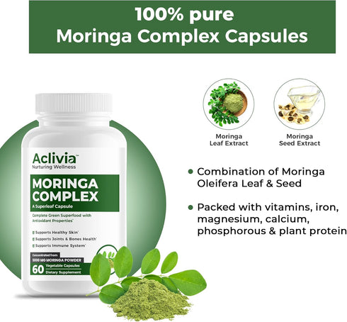 Moringa Complex with Oleifera Leaf & Seed Extract, Potent Strength 5000 mg per Serving, Complete Green-Based Superfood with Antioxidant Properties...