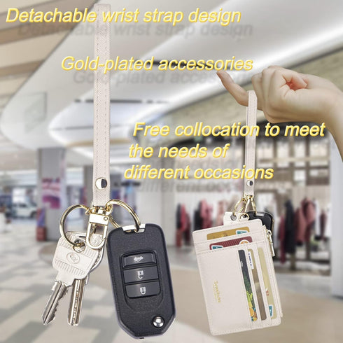 Wikavanli Women Slim Rfid Blocking Credit Card Case Holder Wristlet Zip ID Case Wallet Small Compact Leather Wallet Coin Purse with Keychain (Beig...