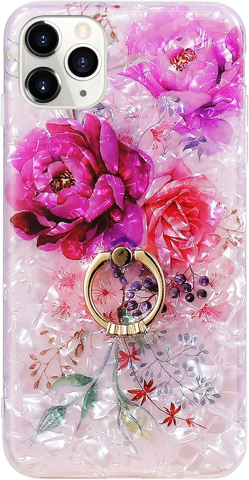 Qokey Compatible with iPhone 11 Pro Max Case 6.5 inch,Flower Design Cute Clear for Men Women Girls with 360 Degree Rotating Ring Kickstand Soft TP...