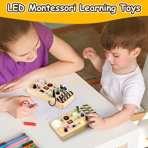 Joyreal Montessori Busy Board Toy for Toddlers, LED Wooden Sensory Board with 8 Switch Light Designs, Early Activity Motor Skills Educational Toys...