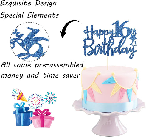 Royal Blue Glitter Happy 16th Birthday Cake Topper - 16 Sign Cake Topper - Cheers to 16 Years Party Supplies - 16th Birthday Party Decorations...