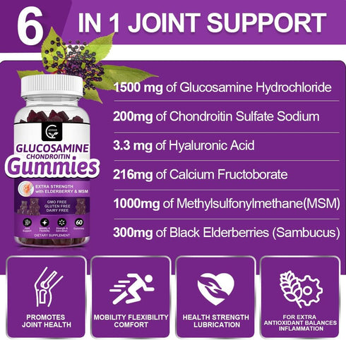 Glucosamine Chondroitin Gummies with MSM & Elderberry Extra Strength - Joint Support, Antioxidant Immune Support Supplement for Adults, Men & Wome...