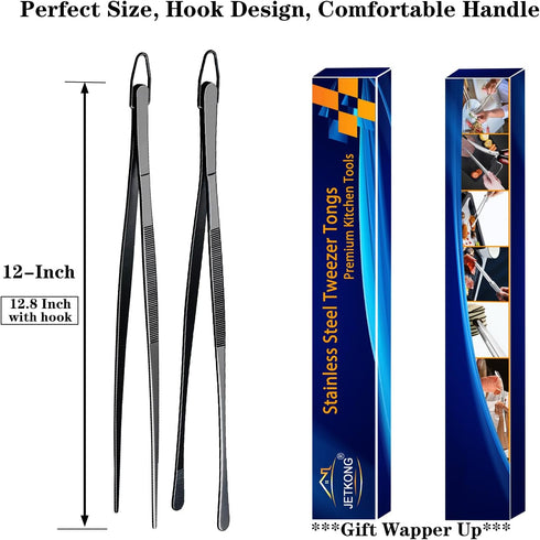 JETKONG 2 Pcs 12-Inch Food Tweezer Tongs, Stainless Steel Kitchen Tweezer Cooking Tweezers (Black)...