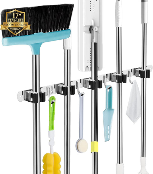 AceMining 5 Racks and 4 Hooks Mop and Broom Holder Wall Mount, Broom Organizer Storage Tool Racks Stainless Steel Heavy Duty Hooks Self Adhesive S...