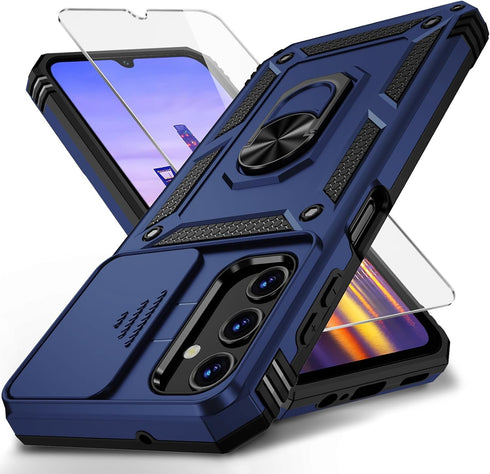 for Samsung Galaxy A15 5G Case with Slide Lens Cover, HD Screen Protector, Military Grade Drop Protection, Magnetic Rotated Ring Holder Kickstand ...