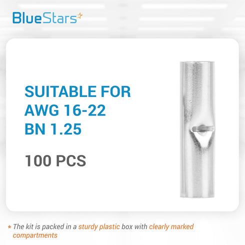 BlueStars 100 PCS Non-Insulated Butt Connectors, Butt Splice Connectors for 16-22 AWG - Marine Grade Pure Copper Tin Coated Crimp Terminals for El...