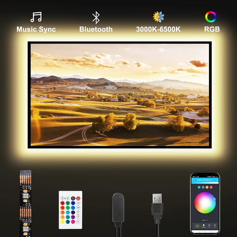 Bluetooth RGBWW LED Lights for 32 Inch TV with App Control, RGB+Tunable White 3000K-6500K TV LED Backlight with RF Remote, Music Sync Indoor USB L...