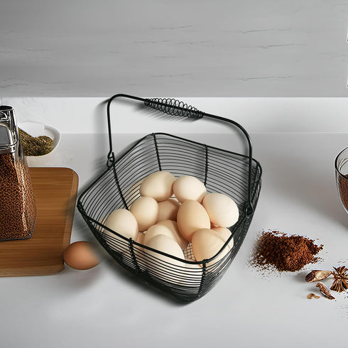 Black Square Wire Egg Basket For Fresh Egg with Handle,Famhouse Small Metal Egg Collecting Basket for Gathering Fresh Eggs Chicken Basket Decor fo...