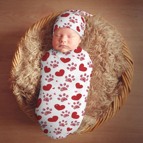 Love Hearts Dog Paw Print Newborn Swaddle Blankets Hat Sets Soft Baby Receiving Blanket Swaddle Sack for Baby Shower Infant Boy Girl Gift...
